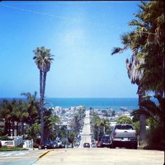 cars parked on the side of a road next to palm trees and ocean in the background