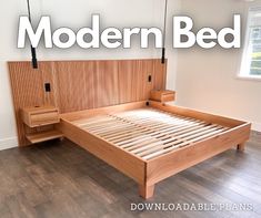 a wooden bed frame with the words modern bed above it