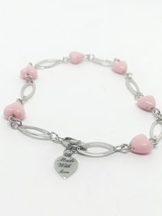 Amazing woman jewelry bracelet with unique design in a gift box! 3,5 g 6 pink matte agate heart 19 cm Pink Metal Bracelets For Gifts, Dainty Heart Bracelets For Formal Occasions, Feminine Metal Jewelry For Gifts, Elegant Heart Bracelets For Mother's Day, Elegant Heart Bracelet For Mother's Day, Elegant Stainless Steel Jewelry For Gifts, Elegant Stainless Steel Jewelry Gift, Hypoallergenic Heart Bracelet For Mother's Day, Elegant Heart Charm Bracelets As Gifts