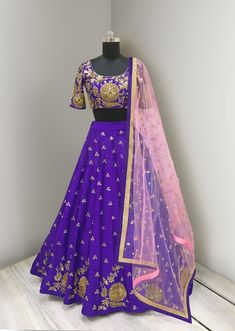 Purple Color Lehenga Choli with Pink Dupatta at Panache Haute Couture Purple Chanderi Sharara For Reception, Purple Art Silk Sharara With Dori Work, Navratri Tissue Silk Choli With Resham Embroidery, Traditional Purple Sharara With Dori Work, Purple Chanderi Sharara With Pallu, Navratri Lehenga With Resham Embroidery In Tissue Silk, Navratri Tissue Silk Embroidered Fabric For Reception, Festive Embroidered Tissue Silk Lehenga, Purple Silk Sharara With Pallu