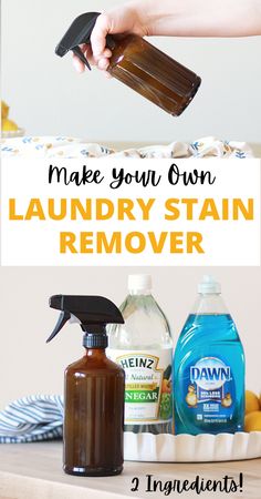 a hand holding a spray bottle with the words make your own laundry stain remover