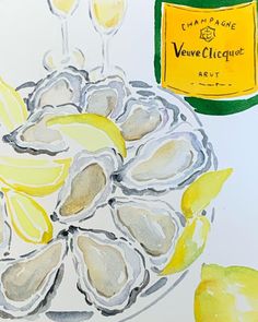 a painting of oysters on a plate with champagne