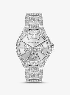 Our oversized Camille watch strikes the perfect balance between bold and elegant. Featuring allover pavé accents in a stingray-inspired pattern this modern silver-tone timepiece boasts sleek time stops and pavé-embellished subdials for added glamour. Wear it with everything from casual-cool ensembles to office-ready separates. Diamond Quartz, Waterproof Watch, Analog Watch, Christian Lacroix, Mens Gold, Baguette Diamond, Diamond Watch, Stainless Steel Band, Stainless Steel Watch