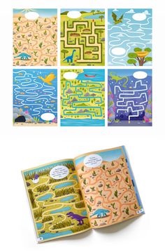 the children's book is open and showing four different pages, one with an animal maze