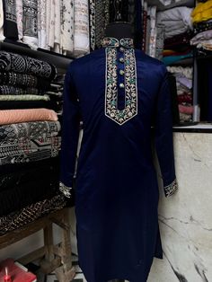 *2 Piece Navy Blue , Men's Neck  Embroidery Design  Kurta Set , White Multi Colour Embroidery Kurta Pajama Set. *Fabric: %100  Cotton Satin , Thick, Warm, Comfortable, Breathable, Softer, Satin Feeling *Center 4 Button With Zipper Regular Fit Pant  *This Suit Has A 6" Drop Which Is The Difference Between The Size Of The Sherwani & Pants. For Example, A 40r Jacket Includes A 34W Pant *Dry Clean Only Important Note: All Our Products Are Made To Order ! Please Contact Us For Perfect Fitting Suit. * Embroidered Bandhgala In Chanderi Fabric, Designer Chanderi Bandhgala With Embroidered Border, Bollywood Style Sherwani With Dabka In Traditional Fit, Blue Chanderi Bandhgala For Wedding, Designer Sherwani With Embroidered Border And Traditional Drape, Designer Embroidered Border Bandhgala, Embroidered Chanderi Sherwani For Diwali, Eid Sherwani In Chanderi Straight Kurta, Blue Chanderi Sherwani For Diwali