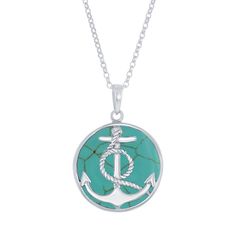 "Shimmering inlays give this seaside-inspired anchor necklace eye-catching style. Shimmering inlays give this seaside-inspired anchor necklace eye-catching style. NECKLACE DETAILS Clasp: spring-ring Packaging: boxed Plating: rhodium Finish: polished Metal: sterling silver Length: 18 in. Gemstones may have been treated to enhance their appearance. Special care may be required. Size: 18"". Color: Blue. Gender: female. Age Group: adult." Turquoise Necklace With Lobster Clasp In Beach Style, Ocean-inspired Turquoise Necklace With Lobster Clasp, Turquoise Ocean-inspired Necklace With Lobster Clasp, Nautical Style Anchor Jewelry In Blue, Blue Nautical Anchor Jewelry, Turquoise Coastal Jewelry Gift, Turquoise Coastal Jewelry As Gift, Turquoise Coastal Jewelry As A Gift, Ocean-inspired Turquoise Round Pendant Necklace