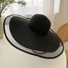 Sheer Panel Straw Hat * Black * Boho Style * Straw Hat * Hat Arrives Folded * One Size: Crown: 22.8" (58cm) Black Lightweight Bucket Sun Hat, Lightweight Black Bucket Sun Hat, Black Lightweight Bucket Hat For Summer, Black Lightweight Bucket Hat For Vacation, Black Summer Hat With Curved Brim, Black Summer Hats With Curved Brim, Black Bucket Straw Hat For Beach Season, Adjustable Black Summer Hat, Lightweight Black Summer Hat