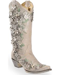 Corral Women's White Floral Overlay Embroidered Stud and Crystals Cowgirl Boots - Snip Toe, White Mode Country, Cowgirl Boots Wedding, Classic Black Boots, Cowgirl Wedding, Country Shoes, Bota Country, Wedding Shoes Comfortable, Wedding Boots, Corral Boots