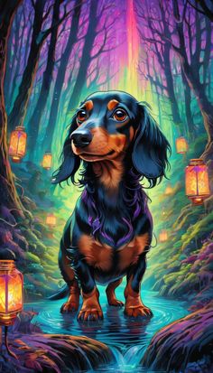 a painting of a dachshund sitting in the middle of a forest with lanterns