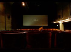 an empty theater with rows of seats and a projector screen in the background that says the end