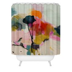 a shower curtain with an abstract painting on the front and back of it, featuring flowers