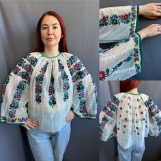 Amazing Romanian vintage blouse!  So beautiful and stunning!  So vibrant colours Tulle fabric Good vintage condition! Universal size Will suit to and S and M and L size Folk Style Peasant Tunic Top With Floral Embroidery, Folk Style Peasant Top With Floral Embroidery, Green Tops With Resham Embroidery For Spring, Green Resham Embroidered Top For Spring, Multicolor Long Sleeve Bohemian Embroidered Top, Bohemian Multicolor Embroidered Long Sleeve Top, Multicolor Bohemian Embroidered Long Sleeve Top, Floral Embroidered Tunic Top For Festival, Green Long Sleeve Embroidered Top