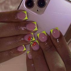 Neon Yellow French Tip Nails with a 3D cherry charm on each hand. 12 Nails, Prep Kit &, Application Instructions Included. The Nail Sizing Is Universal, If You Want Exact Sizing You Can Purchase A Sizing Kit Or Use The Sizing Chart. (Not My Photo). Can Replicate All Designs. Nails With Charms Black, Neon Yellow French Tip, Neon Yellow French Tip Nails, Vacation Nails Black Women, Summer Nails Black Women, Yellow French Tip, Wigs Styles, Yellow French, Overlay Nails