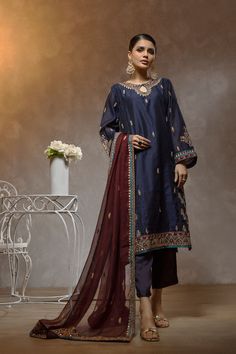 Dhanak Dl-0228 Blue 3pcs Festive Signature & Luxury Statements Wedding Indigo Sets With Dupatta, Indigo Wedding Set With Dupatta, Indigo Wedding Sets With Dupatta, Festive Indigo Sets With Dupatta, Blue Embroidered Long Sleeve Pant Set, Elegant Indigo Sets For Weddings, Elegant Blue Embroidered Pant Set, Elegant Indigo Wedding Sets, Indigo Festive Sets For Eid