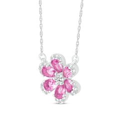 For Mom, the girl you adore or someone special, this sweet flower necklace is a gift she'll love. Crafted in sterling silver Pear-shaped pink lab-created sapphires create the petals At the center and around the edges, white lab-created sapphires amp up the sparkle The pendant is centered on an 18-inch rope chain that secures with a spring ring clasp Valentine's Day White Gold Flower Pendant Necklace, Mother's Day Fine Jewelry Flower Pendant Necklace, Mother's Day Flower Pendant Necklace In Fine Jewelry Style, Pink Flower Necklace For Mom, Fine Jewelry Flower Pendant Necklace For Mother's Day, Fine Jewelry Pink Flower Pendant Necklace, Pink Flower Pendant Necklace In Fine Jewelry Style, Pink Flower Pendant Necklace Fine Jewelry, Pink Flower Pendant Necklace For Mother's Day