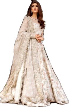 Cream Sharara For Wedding And Eid, Cream Sharara For Wedding On Eid, Bollywood Style Cream Dress With Sheer Dupatta, Designer Anarkali Gown In Cream, Off White Sharara For Wedding And Eid, Off White Anarkali Gown With Dupatta, Cream Anarkali Georgette Gown, Cream Anarkali Gown In Georgette, Off White Floor-length Gown With Dupatta