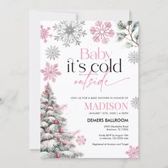 a baby it's cold outside christmas party card with snowflakes and trees