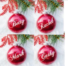 three red ornaments with the word kathy on them