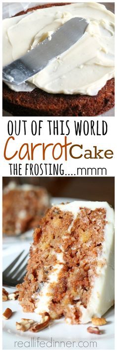 carrot cake with white frosting and walnuts on the top, in two different pictures