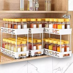 the spice rack is filled with many different types of spices