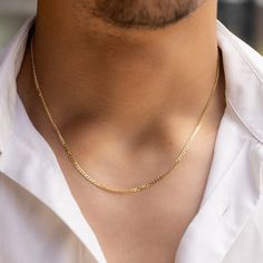 14Kt Solid Gold Flat Chain, Men's Gold Chain Necklace, Yellow Gold Chain, Gift for Him, Thin Solid Gold Chain FREE EXPRESS INTERNATIONAL SHIPPING! SHIPPING NEXT DAY! PRODUCT DETAILS * 14K REAL GOLD ( it has a 14K or 585 stamp on item.) All of my items are 14k real gold. I don't use any gold filled or gold plated materials.  * Chain Thickness Options: 1.90mm or 2.35mm * The closure is spring ring for 1.90 mm * The closure is lobster claw for 2.35mm. * All of my items are brand new and shipped wit Men's Gold Chain Necklace, Mens Necklace Outfit, Gold Gift For Men, Male Chain Design, Gold Chain On Men, Necklaces For Men Gold, Men With Gold Chain, Gold Men’s Jewellery, Gold For Men