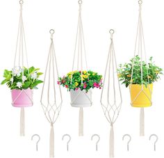 four hanging planters with flowers in them