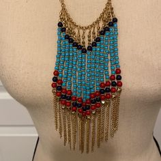 Beautiful Boho Necklace Has A 16” Drop To Bottom Of Gold Dangles. Brand New In Package. Bohemian Blue Beaded Necklace, Turquoise Beaded Chain Necklace With Dangle, Blue Beaded Necklaces In Costume Jewelry Style, Blue Beaded Chain Necklace In Costume Jewelry Style, Blue Beaded Chain Necklace Costume Jewelry, Blue Dangle Beaded Costume Jewelry Necklace, Blue Beaded Chain Bib Necklace With Round Beads, Blue Large Beaded Dangle Necklaces, Blue Beaded Dangle Necklace With Large Beads