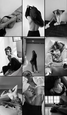 black and white photos of people in different poses, including one woman laying on the floor