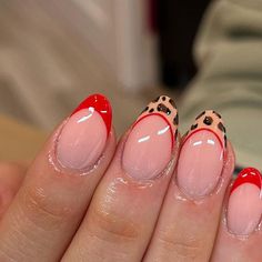 Red Designs On Nails, Red Leapord Print Nail, Thanks Nails Thanksgiving, Almond Cute Nails Design, Boise State Nails, Christmas Tip Nails, Nail Inspo With Bow, Gelx Inspo Nails Fall, Cheetah Nails With Red