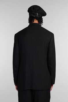 Blazer in black Rayon, revers, two buttons closure, long sleeves, frontal pockets with flap, breast pocket, pinstripes, 99% rayon, 1% polyester, fully lined, 100% cupro Pinstripe Business Suits With Long Sleeves, Pinstripe Suits With Long Sleeves For Business, Pinstripe Blazer With Hidden Button Closure, Pinstripe Long Sleeve Business Suits, Classic Long Sleeve Pinstripe Suits, Semi-formal Pinstripe Blazer With Long Sleeves, Semi-formal Pinstripe Long Sleeve Blazer, Semi-formal Long Sleeve Pinstripe Blazer, Black Blazer With Pressed Crease