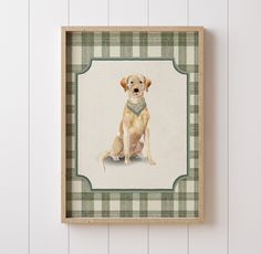 a painting of a dog with a bandanna around it's neck sitting on a wooden frame