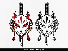 two masks with red and black designs on them, one in the shape of a wolf