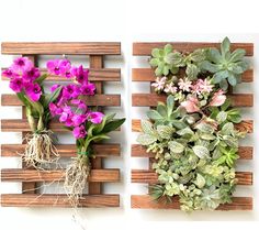 two wooden pallets with flowers and plants on them