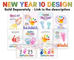 happy new year cards with handprints and numbers for children's greetings