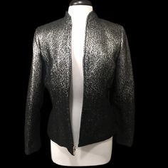 This Jacket Has A Zip Front That Stops To Make A V-Neck. It Looks Like Liquid Silver Was Pored On The Top And As It Goes Down Gradually From Silver To Black. "Montmartre" You Can Choose Any Solid Color To Wear Underneath, Dress, Skirt, Or Slacks. All Measurements Are Drawn On Photo In Photos. Never Worn Black Balayage, Liquid Silver, Balayage Color, Draw On Photos, Jones New York, Balayage, Black Silver, Dress Skirt, Jackets & Coats