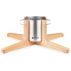 a wooden stand with a stainless steel pot on it