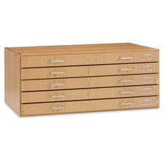 four drawer wooden file cabinet on white background