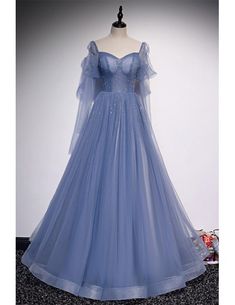 Shop now! Prom Dress Blue, Blue Evening Gowns, A Line Evening Dress, Gaun Fashion, Blue Dress Formal, Long Sleeve Prom, Fairytale Dress