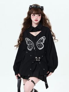 Embrace a whimsical touch to your wardrobe with our butterfly embroidery black long-sleeve shirt. This enchanting piece features intricate butterfly embroidery that adds a delicate and dreamy vibe, perfect for any kawaii or lolita-inspired outfit. The black fabric exudes a gentle charm, while the long sleeves provide a cozy and comfortable fit. Unique buckle straps on the waist not only enhance the shirt's visual appeal but also allow for adjustable styling, ensuring a personalized and secure fi White Long Sleeves, Figure Skating Outfits, Pink Long Sleeve Shirt, Black Long Sleeve Shirt, Casual Wide Leg Pants, Butterfly Embroidery, White Long Sleeve Shirt, Kawaii Fashion, Black Long Sleeve