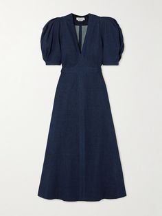 There's a casual elegance to Gabriela Hearst's signature 'Luz' midi dress. Updated this season in dark-blue denim, it has a V-neckline framed by voluminous puffed sleeves and a classic A-line silhouette. Use the ties at the back to define your waist. Dark Blue Dress, Denim Midi Dress, Gabriela Hearst, Exclusive Dress, Fairy Dress, Puffed Sleeves, Blue Midi Dress, Casual Elegance, Blue Dress