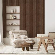 a living room filled with furniture next to a wall mounted book shelf on top of a hard wood floor