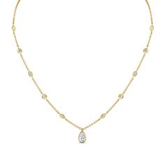 Experience sophistication with our Certified 18k Station Necklace adorned by a stunning Pear Shape Diamond Pendant. Crafted in luxurious 18k gold, this pendant features a captivating pear-shaped diamond certified for its brilliance and quality. The timeless design of this necklace exudes elegance and grace, perfect for any occasion. Luxury Pear Shaped Necklace With Halo Setting, Pear Shaped Diamond Pendant Necklace, Luxury Timeless Solitaire Teardrop Necklace, Luxury Gold Teardrop Pendant Necklace, Luxury Classic Marquise Cut Necklace, Timeless Pear-shaped Diamond Necklaces, Elegant Pear-shaped Diamond Drop Necklace, Elegant Pear Shaped Drop Necklace With Brilliant Cut, Elegant Pear-shaped Drop Necklace With Brilliant Cut