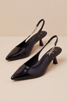 Easily add a sophisticated finish to any of your favorite looks with the Lulus Jonnah Black Chain Slingback Strap Pointed-Toe Pumps! Sleek, patent-like faux leather shapes these must-have heels that feature a classy pointed-toe upper that carries into a trendy slingback strap with a chunky, silver chain detail at the outstep (and a bit of elastic at the instep for fit). An eye-catching sculpted heel completes the ultra-chic design. 2. 5" sculpted heel. Cushioned insole. Rubber sole has nonskid m Comfy Heels Classy, Shoes For Party, Corporate Wardrobe, Comfy Heels, Heels Classy, Guest Dress, Kinds Of Shoes, Shoes Heels Pumps, Black Chain