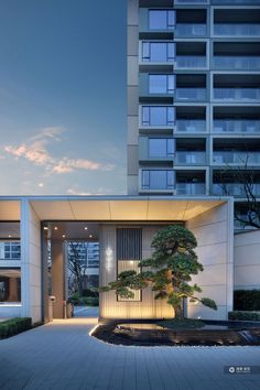 the entrance to an apartment building with a bonsai tree in the front yard at dusk