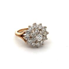 * Designer HJW 14K Yellow Gold Round Diamond Cluster Cocktail Statement Ring * Ring size: 5.5 * Band width: 2 mm  * Top of ring measures: 9/16" * Height: 7/16" * Weight: 5.3 tgw * Diamond color: I-J * Diamond clarity: SI * 1 Round Diamond measures approximately 4.5 mm * 12 Round Diamonds measure approximately 3 mm each  * 6 Round Diamonds measure approximately 2.8 mm each  * Ring can be resized for a fee.  * Marked: HJW * 14K  * Condition: As pictured. * G4243    Exported By ExportYourStore :) Diamond Color, Diamond Cluster, Ring Ring, Diamond Clarity, Womens Jewelry Rings, Statement Ring, Round Diamond, Colored Diamonds, Round Diamonds