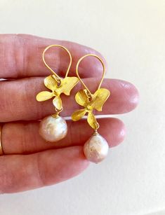 Cherry Blossom Earrings, Champagne Pink, Earrings Wire, Aquamarine Earrings, Baroque Pearl Earrings, Pink Orchids, Nature Inspired Jewelry, June Birthstone, Handmade Copper