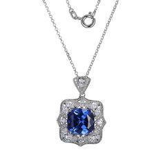 Sterling Silver Cushion-Cut Created Blue Sapphire and CZ Necklace A generous-sized 5.5-carat created blue sapphire set within an elaborate, CZ-embellished frame, give this sterling silver pendant necklace a rich, regal look you're sure to love!        Necklace approx. 18"L x 1/16"W     Pendant drop approx. 1-1/8"L x 13/16"W     Stamped .925; rhodium plating     Rolo chain necklace; spring ring clasp     Pendant drop has cushion-cut created blue sapphire in elaborate frame     Frame and wide, tapered bail embellished with round, and marquise-cut clear CZs     Milgrain bead texture   Stone Information       All sizes and weights approximate     Created Blue Sapphire - Cushion; 5.53ct (GE)     Clear CZs - Marquise; 1.7ctw (DE)     Clear CZs - Round; 0.12ctw (DE) Classic Royal Blue Diamond Jewelry, Blue Cubic Zirconia Necklace With Diamond Cut, Formal Sapphire Jewelry With Diamond Cut, Blue Lab-created Sapphire Fine Jewelry, Classic Blue Pendant Jewelry, Formal Blue Necklace With Halo Setting, Formal Blue Necklaces With Halo Setting, Classic Sapphire Cubic Zirconia Necklace, Dazzling Blue Diamond-cut Jewelry