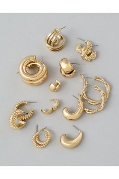 9-Pack/Gold-tone finish/Stud & huggie closures Cute Earrings, Hair And Nails, Women's Jeans, American Eagle Outfitters, American Eagle, Gold Tones, Jewelry Earrings, Hoop Earrings, Women Accessories