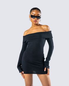 Your fave is back and in all black 😌 With an off shoulder design and bodycon style, this black sweater mini dress is the perfect blend of cozy and chic 🖤 Black Bodycon Dress Outfit, Off Shoulder Design, Body Con Dress Outfit, Sweater Mini Dress, Bodycon Style, Mini Sweater Dress, Bodycon Fashion, Black Bodycon Dress, Black Sweater