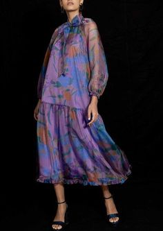 Floral organza, long sleeve, gathered hem dress, featuring front ribbon tie detail and cami lining. 100% Polyester Organza Midi Dress, Purple Midi Dress, Sheer Overlay, On Air, Ribbon Tie, Hem Dress, Cami Dress, Ruffle Dress, Day Dresses